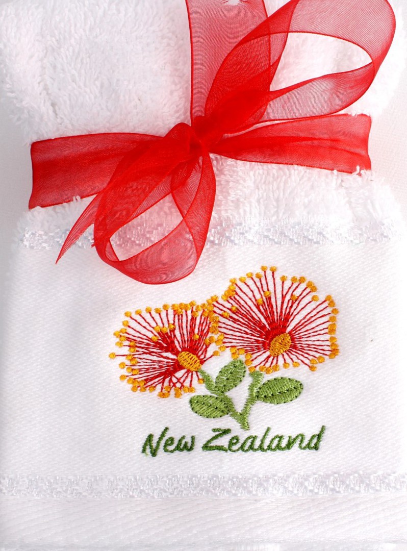 Matching Embroidered 2 facecloth gift set- Pohutakawa Code: FAC-POH/2SET image 0